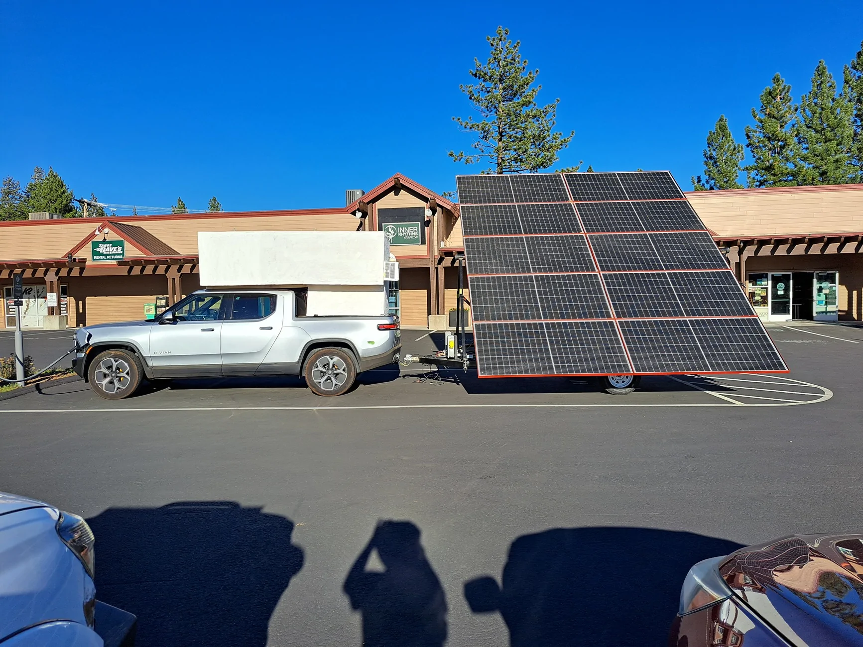Ranchero EV Pickup Truck This is my solar powered trailer which puts out 5 1/2 kilowatts in the array which charge my electric car in Burning Man and which I do rent out to Ye 20230827_175058